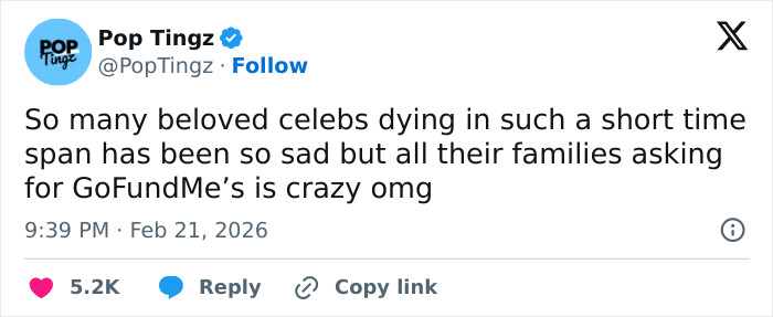 Tweet by Pop Tingz about backlash over celebrities' families asking for GoFundMe donations amid recent deaths.