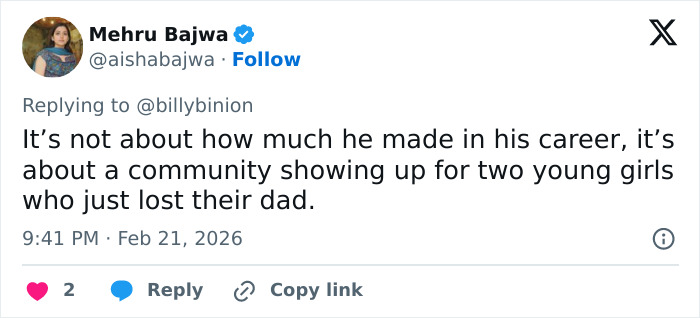 Screenshot of a Twitter reply discussing community support for Eric Dane's daughters after backlash on GoFundMe fundraiser.