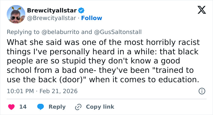 Tweet screenshot showing outrage over teacher's abhorrent hot-mic moment with shocking racist remarks about students.