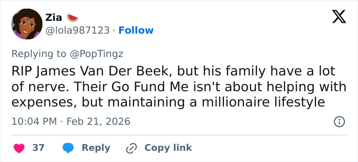 Tweet criticizing GoFundMe for Eric Dane's daughters, highlighting backlash over rich people asking for money online.
