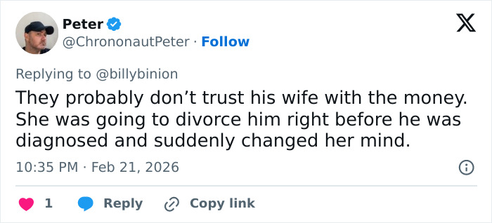 Tweet from user Peter expressing doubt about trust in his wife regarding money and mentioning a sudden change of mind before a diagnosis.