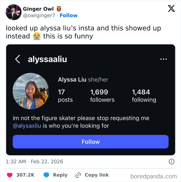 Screenshot of a humorous X post showing a mistaken Instagram profile with a funny caption coping with humor.