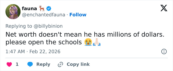 Tweet discussing net worth and plea to open schools amid backlash on GoFundMe for Eric Dane's daughters.