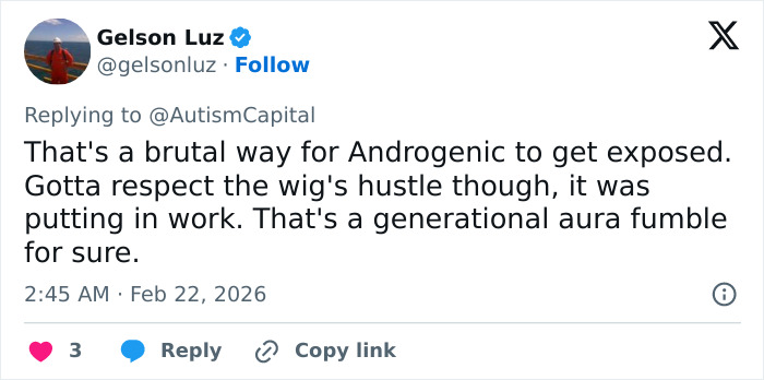Tweet by Gelson Luz commenting on an influencer's wig hustle and a generational aura fumble after wig snatching incident.