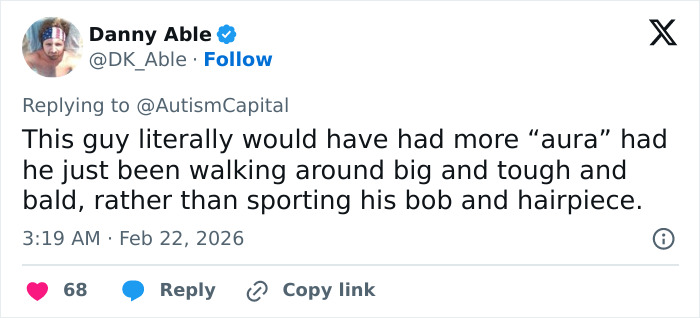 Tweet from Danny Able discussing an influencer's wig being snatched by a stranger and his appearance choices.