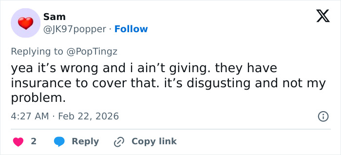 Tweet criticizing GoFundMe for Eric Dane's daughters, saying they have insurance and requesting money is wrong and disgusting.