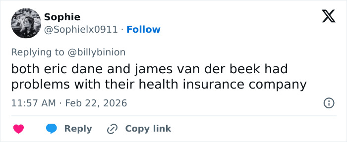 Tweet mentioning Eric Dane and James Van Der Beek facing issues with their health insurance company in a social media reply.