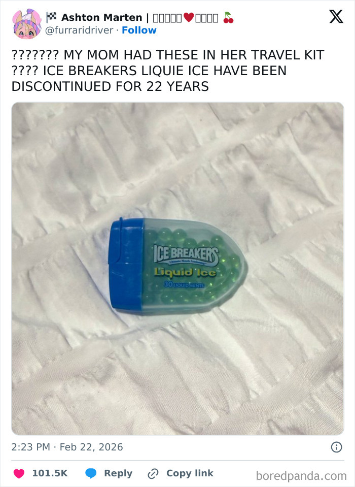Small container of discontinued Ice Breakers Liquid Ice mints shown on white fabric, featured in chaotic and hilarious X posts.