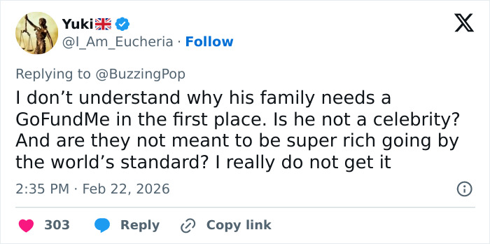 Screenshot of a social media post questioning the need for a GoFundMe for Eric Dane's daughters amid backlash.