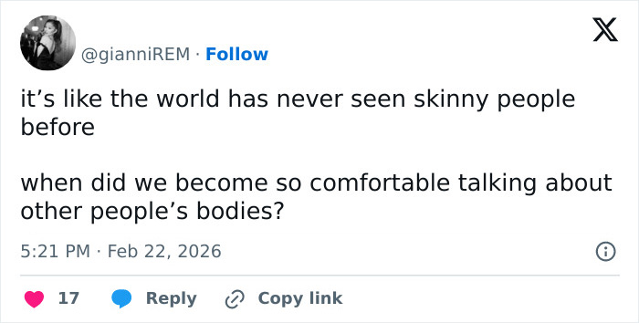 Tweet discussing concerns about Emma Stone's cadaverous appearance and body image commentary at the 2026 BAFTAs.