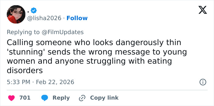 Screenshot of a tweet discussing concerns about Emma Stone's cadaverous appearance at the 2026 BAFTAs and its impact on viewers.