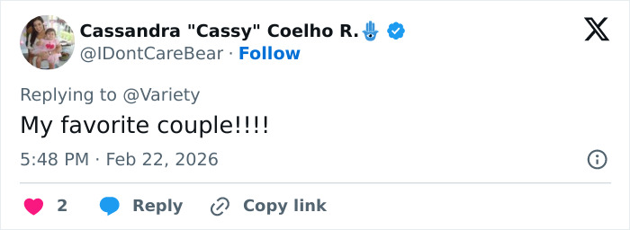 Twitter reply from Cassandra Coelho praising a favorite couple, mentioning Kylie Jenner's appearance at the 2026 BAFTAs.