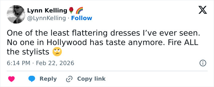 Tweet criticizing a Hollywood dress choice, sparking concerns about Emma Stone's cadaverous appearance at the 2026 BAFTAs.