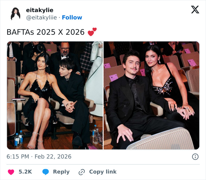 Kylie Jenner at the BAFTAs 2026 wearing a black dress, seated with guests, fans notice lip detail change.