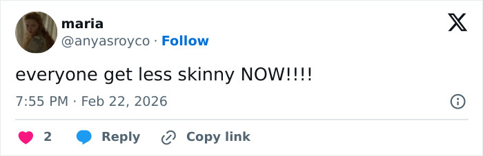Screenshot of a tweet expressing concern, mentioning everyone to get less skinny amid Emma Stone's cadaverous appearance at 2026 BAFTAs.