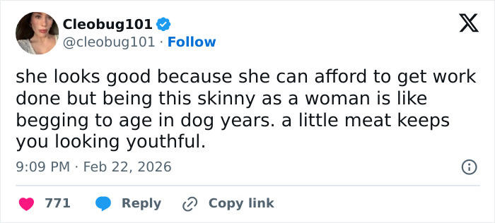 Tweet discussing Emma Stone's cadaverous appearance and concerns about her skinny look at the 2026 BAFTAs event.