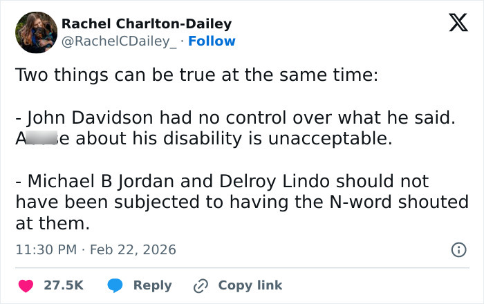 Tweet discussing Michael B. Jordan's reaction after BAFTA audience member shouted the N-word at him, addressing unacceptable behavior.