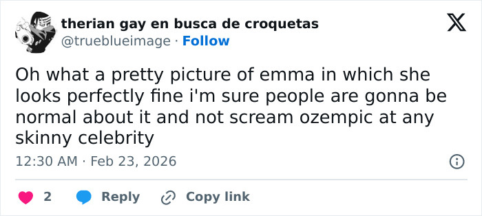 Tweet discussing Emma Stone’s appearance at the 2026 BAFTAs, addressing concerns about her looking cadaverous.