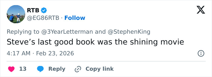 Twitter user RTB replying to Stephen King, commenting on his work amid backlash involving Donald Trump claims.