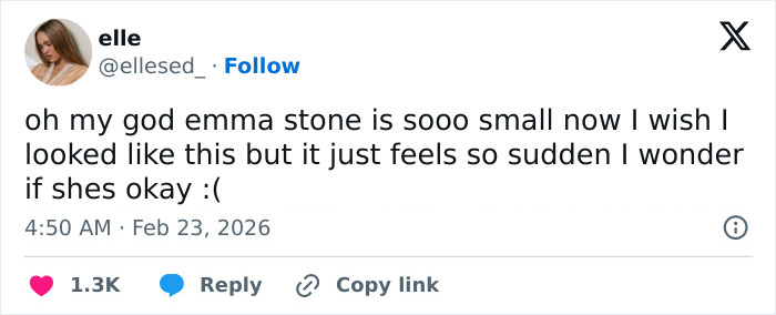 Social media post expressing concern over Emma Stone’s cadaverous appearance at the 2026 BAFTAs event.