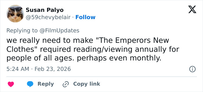 Tweet by Susan Palyo discussing the importance of making The Emperors New Clothes required viewing annually for all ages.