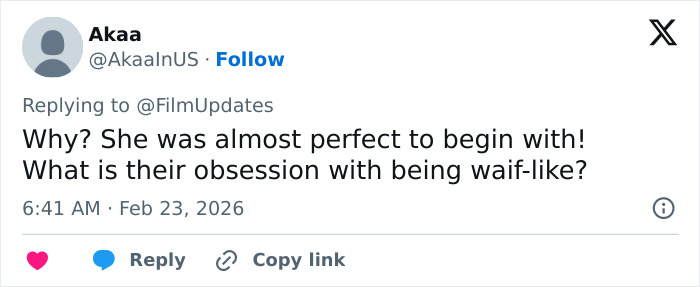 Screenshot of a social media comment discussing Emma Stone's cadaverous appearance concerns at the 2026 BAFTAs event.