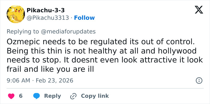 Tweet criticizing Emma Stone's cadaverous appearance at the 2026 BAFTAs, highlighting concerns about unhealthy thinness.