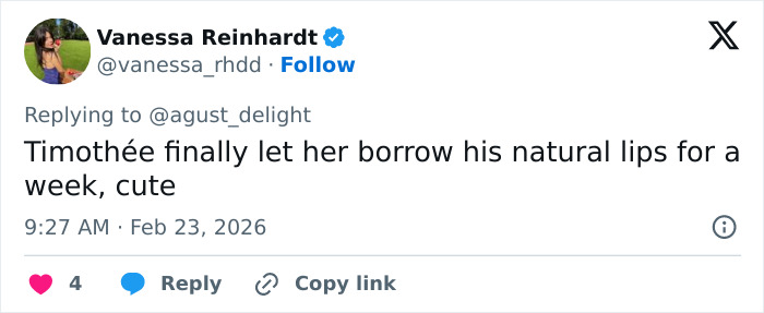 Tweet by Vanessa Reinhardt commenting on lips, referencing natural lips in a discussion about Kylie Jenner's appearance at the 2026 BAFTAs.