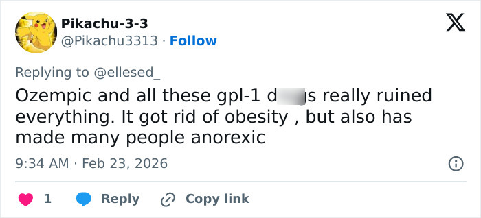 Tweet discussing Ozempic and related d***s causing weight loss and concerns about people becoming anorexic.