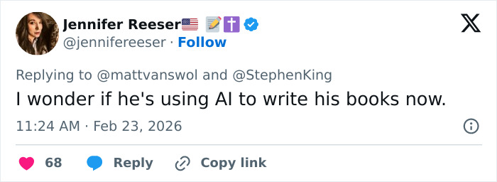 Tweet from Jennifer Reeser reacting to Stephen King amid backlash over false claims about Donald Trump.