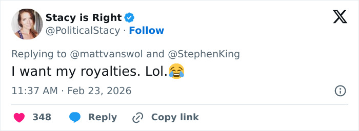 Tweet reply mocking Stephen King, featuring a laughing emoji, related to backlash over false claim about Donald Trump.