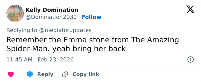 Tweet expressing a fan’s wish to see Emma Stone return to The Amazing Spider-Man series after the 2026 BAFTAs appearance.