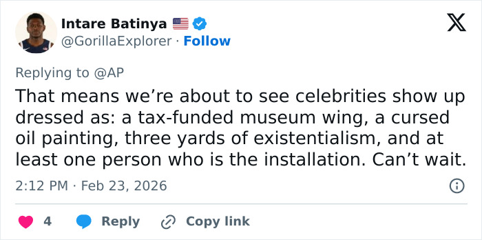 Tweet by Intare Batinya reacting to the Met Gala 2026 dress code announcement with sarcasm and skepticism.