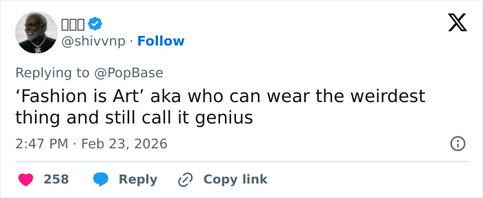 Tweet discussing fashion as art and genius, reacting to the Met Gala 2026 dress code controversy.