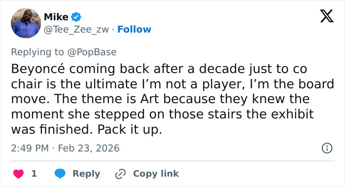 Screenshot of a tweet reacting to the Met Gala 2026 dress code announcement, sparking controversy online.