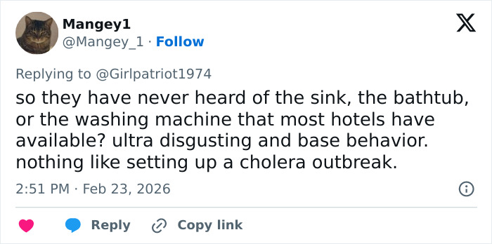 Screenshot of a social media reply criticizing the influencer&rsquo;s bizarre hotel hack for washing underwear as disgusting and unsafe.