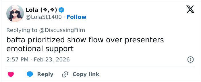 Tweet discussing BAFTA show flow prioritization over emotional support amid Michael B. Jordan's reaction to a racial incident.
