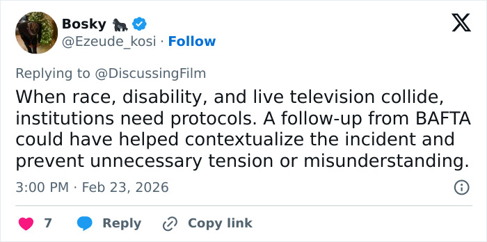 Tweet discussing the need for protocols after a BAFTA audience incident involving Michael B. Jordan's reaction.