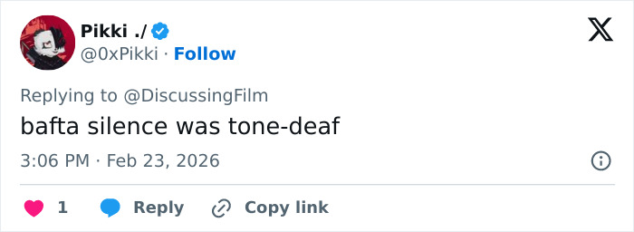 Tweet by user Pikki replying to DiscussingFilm, commenting that BAFTA silence was tone-deaf after Michael B. Jordan incident.