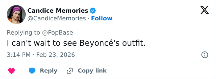 Tweet by Candice Memories expressing excitement to see Beyonc&eacute;&rsquo;s outfit amid Met Gala 2026 dress code controversy.