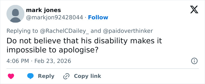 Tweet questioning if disability prevents someone from apologizing, related to Michael B. Jordan's reaction at BAFTA incident.