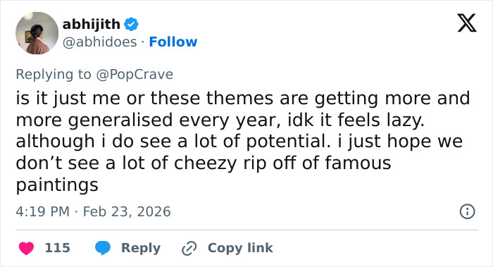 Screenshot of a tweet criticizing the Met Gala 2026 dress code, calling it underwhelming and overly generalized.