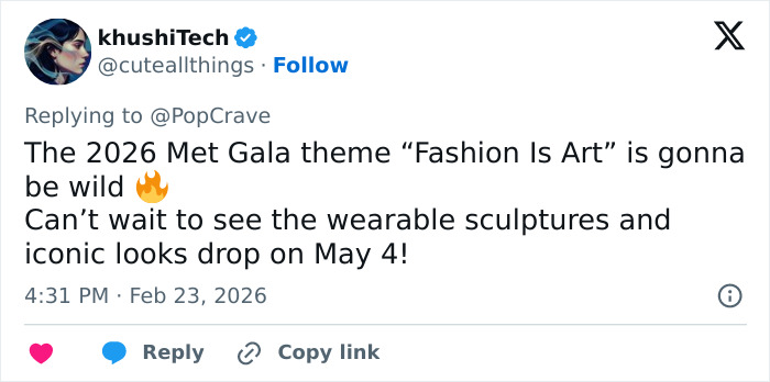 Screenshot of a tweet discussing the 2026 Met Gala dress code and its fashion theme sparking controversy.