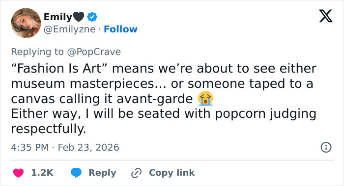 Screenshot of a tweet about the Met Gala 2026 dress code causing controversy over its underwhelming fashion expectations.