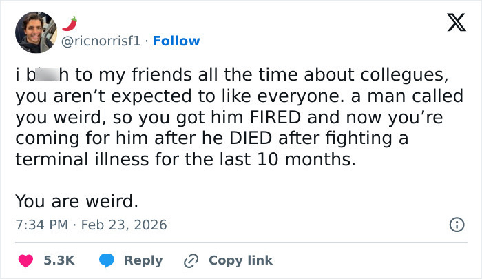 Tweet criticizing Grey's Anatomy actress's claim about Eric Dane bullying her, mentioning his death and terminal illness.