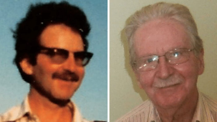 Side-by-side photos of a teacher known for helping under-privileged students, showing younger and older portraits.