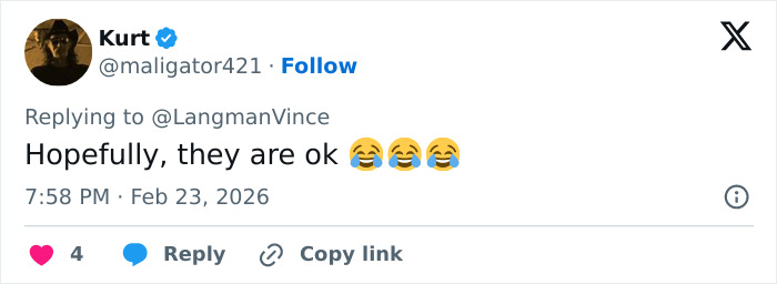 Tweet showing a user's reaction with laughing emojis to Canadian hockey fans' bold Olympic bet backfiring after USA wins gold.