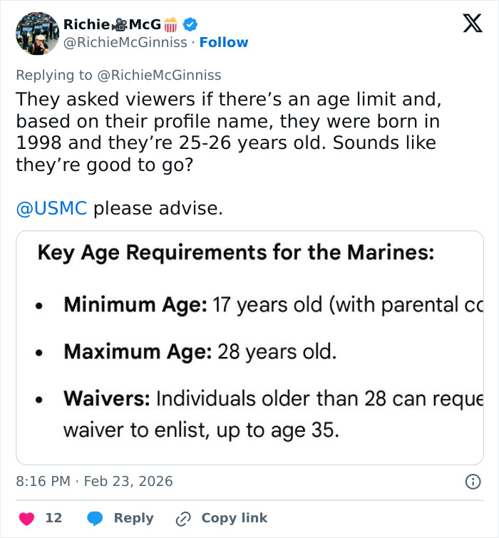 Tweet discussing age limit for Marines enlistment with a screenshot of key age requirements, linked to Canadian hockey fans' Olympic bet.