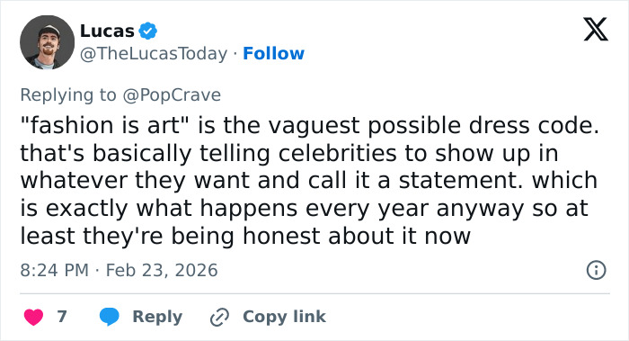 Screenshot of a tweet criticizing the Met Gala 2026 dress code as vague and underwhelming, sparking controversy.