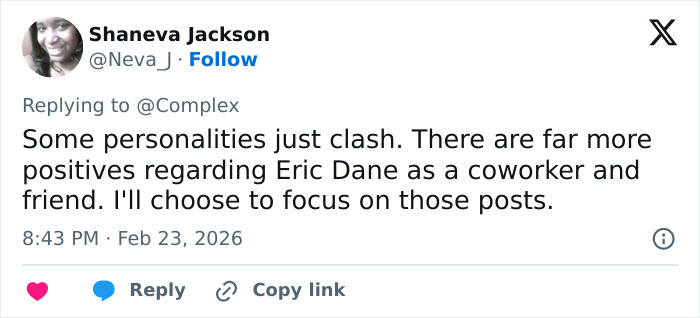 Screenshot of Shaneva Jackson&rsquo;s tweet defending Eric Dane&rsquo;s reputation as a Grey's Anatomy actor amid bullying claims.